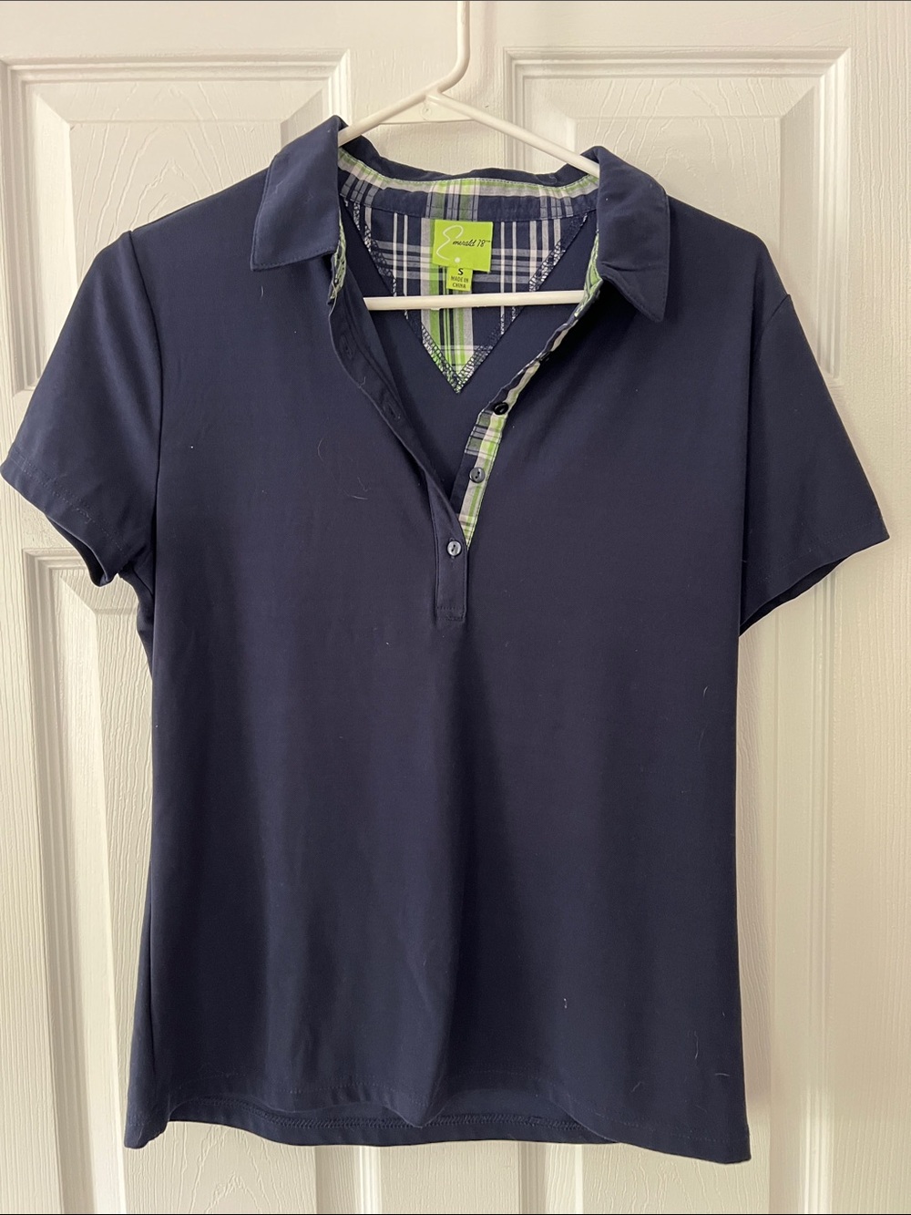 Emerald 18 Navy Golf Polo Shirt with Plaid Trim